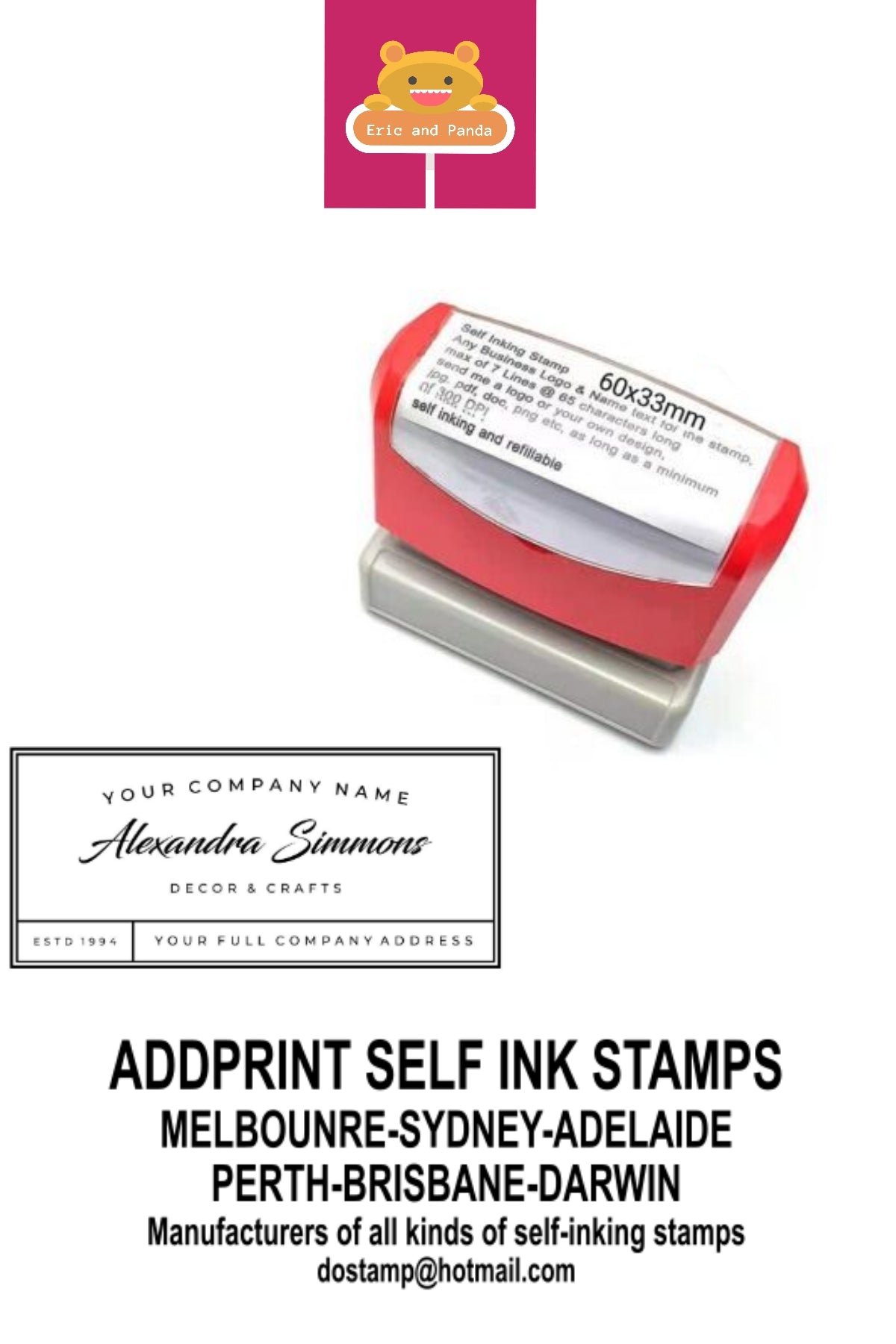 Personalised Self Inking Rubber Stamp Custom Business Name Address 60mm x 33mm