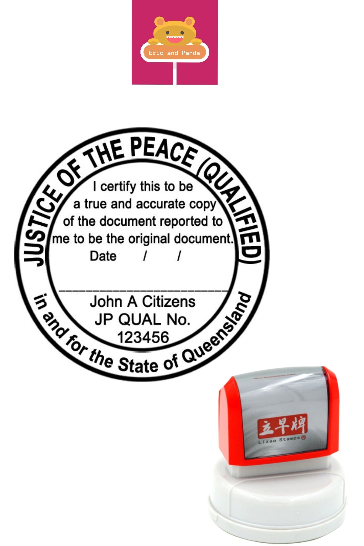 QLD JP JUSTICE OF THE PEACE Queensland Custom Stamp Self Inking Refillabe Large 48mm